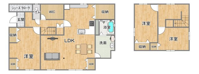 神原一丁目の間取り|LDKから洗面室や各居室へアクセスしやすい動線。各所に収納があり機能的でゆとりある3LDKです！
