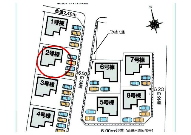 第５富士見町時沢　新築戸建　２号棟の区画図|駐車場4台ご用意しています！並列駐車＆前面道路も６Ⅿあり出し入れもしやすいです。
来客時も重宝します♪