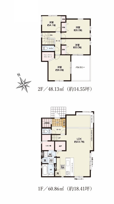 TERRACE　水戸市吉沢町　5期 　2の間取り|　
☆広々LDKは明るく開放的。間仕切りも可能です。家族の気配が感じられて安心できるリビング階段。洗面室隣りにリネン庫、WICなど大容量の収納スペースがあります。