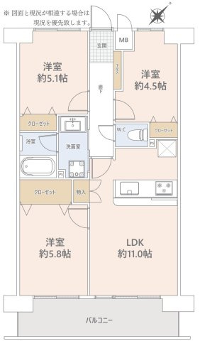 【間取り】 | 東急ドエル・アルス多摩境 | 3LDKは、リビングダイニングキッチンと3つの居室がある間取り。ファミリー層に非常に人気の高い間取りで、広々としたリビングで家族団らんを楽しみ、個室でプライベートな時間も確保できるのが大きな魅力です。