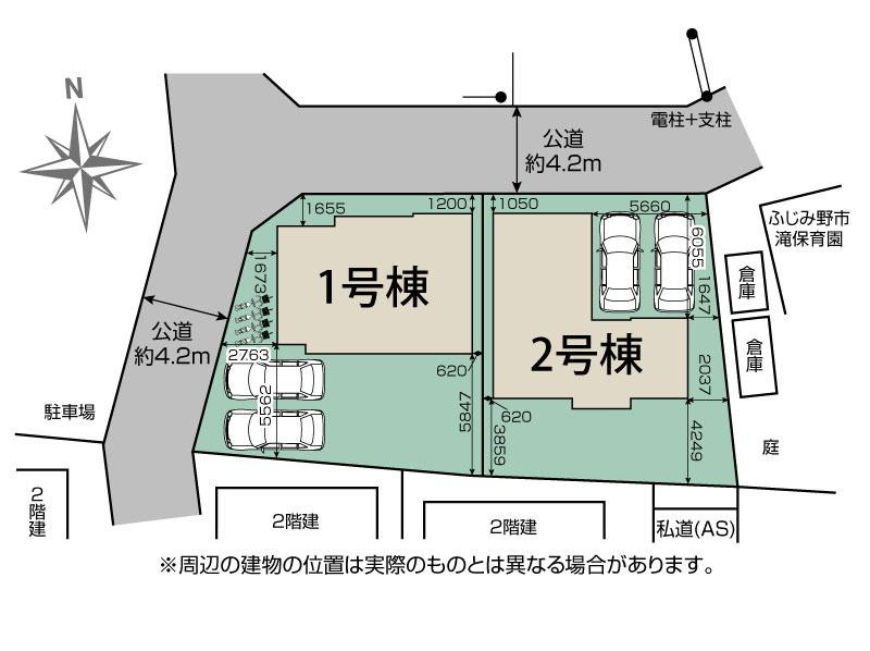 ふじみ野市長宮２丁目の新築一戸建の区画図|お車は並列で２台駐車できますので、セカンドカーやお客さま用のお車も出し入れが楽々です。