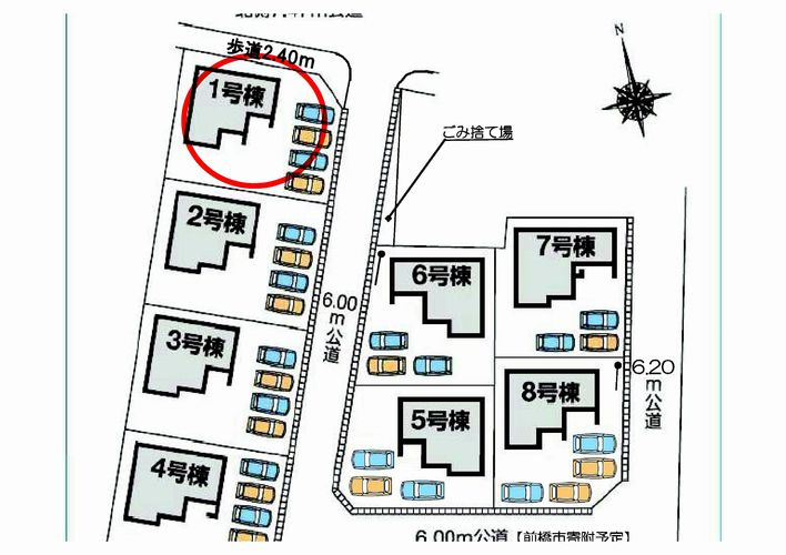 第５富士見町時沢　新築戸建　１号棟の区画図|駐車場4台ご用意しています！並列駐車＆前面道路も６Ⅿあり出し入れもしやすいです。
来客時も重宝します♪