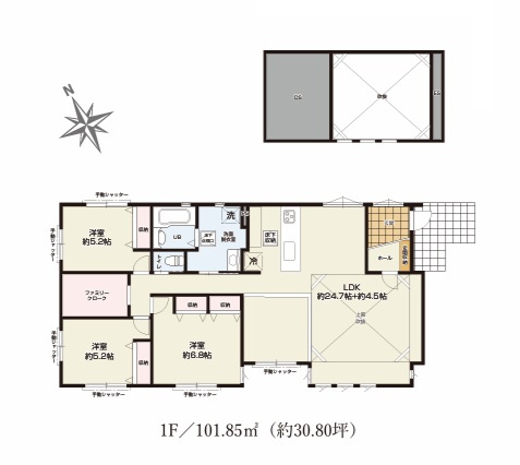 GRACE　水戸市吉沢町　5期 　3の間取り|　
☆全居室の他、ファミリークロークも付いて収納スペース充実。生活動線がコンパクトで暮らしやすいと人気の平屋建ては、子育て世代にもシニア世代にもおすすめです！