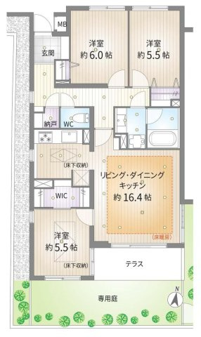 平和台ガーデンハウスの間取り|専有面積79.16㎡ 3LDK+専用庭＆テラス付き
1階部分につき階下を気にすることなく生活していただけます