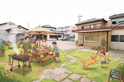 【庭】 | 桜川市御領4LDK中古住宅 | お庭でBBQをするイメージ写真です！