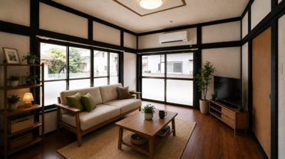 【居間・リビング】 | 桜川市御領4LDK中古住宅 | 家具などを加工でイメージしています。（AIで加工しています）