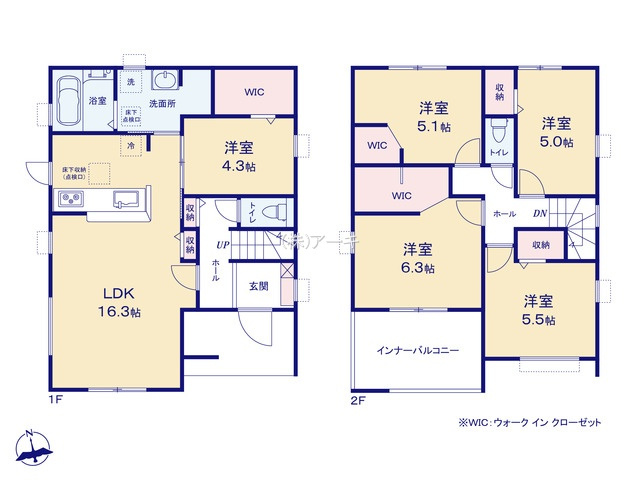東浦町緒川天白30-1『仲介手数料無料』新築一戸建て・建売の間取り|　1号棟　1F:LDK16.3帖に隣接する洋室4.3帖　WIC設置はお子様の遊び場・奥様の家事室に便利！2F:主寝室6.3帖・洋室5.1帖　WIC設置！洋室5.5帖・洋室5帖　CL設置♪南面バルコニー