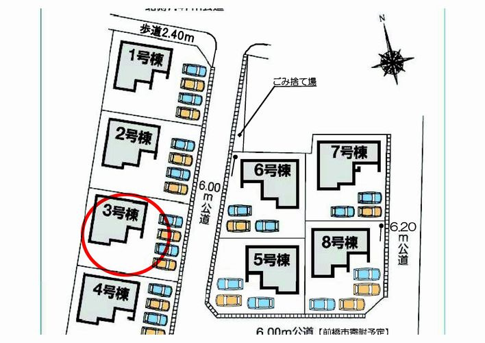 第５富士見町時沢　新築戸建　３号棟の区画図|駐車場4台ご用意しています！並列駐車＆前面道路も６Ⅿあり出し入れもしやすいです。
来客時も重宝します♪