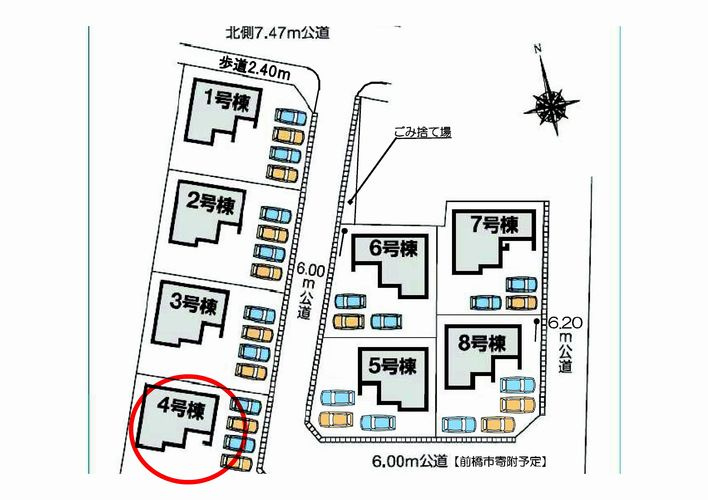 第５富士見町時沢　新築戸建　４号棟の区画図|駐車場4台ご用意しています！並列駐車＆前面道路も６Ⅿあり出し入れもしやすいです。
来客時も重宝します♪