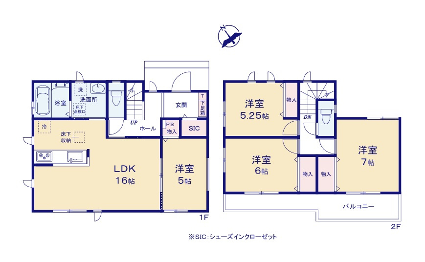 ハートフルタウン 　ひたちなか市三反田3485番　Cの間取り|　
☆水廻りコンパクトで家事動線ラクラク♪各部屋を最大限に広く使って頂けるよう、全居室に大容量の収納付き。全室二面窓で明るく通風も良好です！