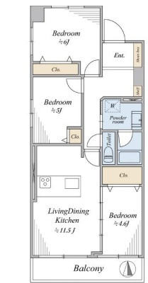メゾンエクレーレ南千住の間取り|メゾンエクレーレ南千住：南向きワイドバルコニーが付いた角部屋！全居室に収納・窓が付いた３ＬＤＫリノベーション物件です！
