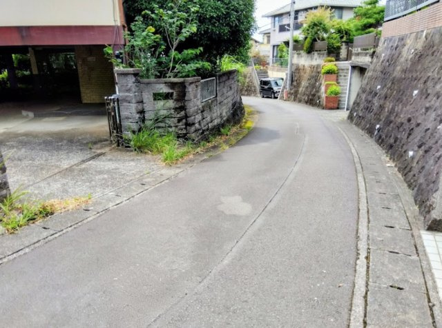売中古戸建　三島市芙蓉台1丁目の前面道路含む現地写真|緑に囲まれた閑静な住宅街に位置する物件です。前面道路は落ち着いた雰囲気の坂道で、周辺からの視線が気になりにくく、プライバシ－を保ちやすい隠れ家的な立地が魅力です。