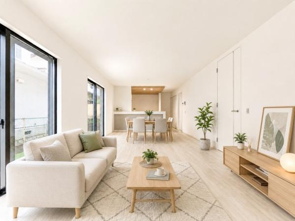 横浜市港南区港南台１丁目の新築一戸建の居間・リビング|自慢したくなるリビング！
形も良く家具の配置にも困りません。
※家具等はＣＧでの参考レイアウトです。