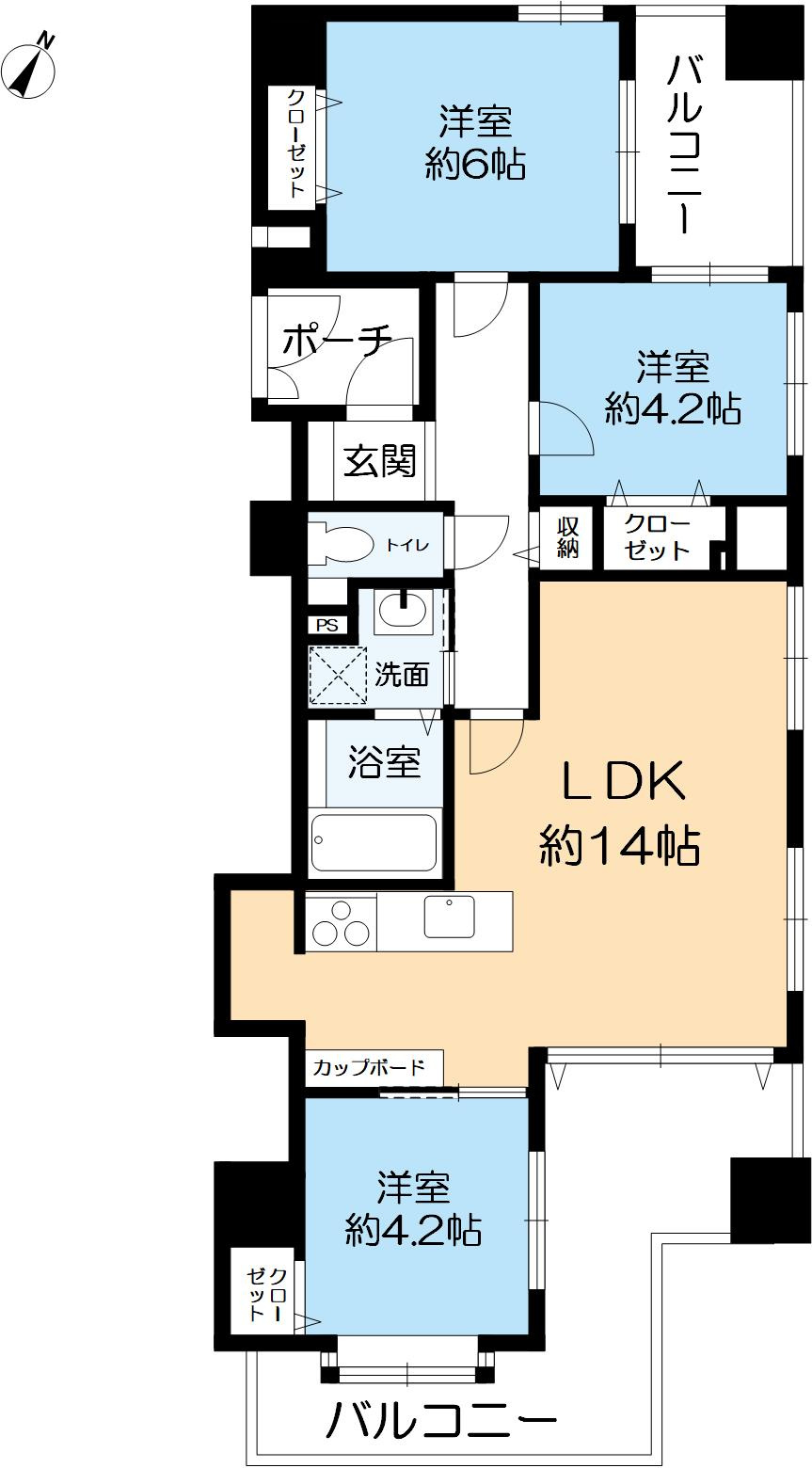 ワコーレアーバンフラッツ三宮東の間取り|□７階部分・南東角住戸・70.21㎡・３LDK