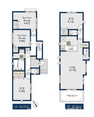 茅ケ崎市香川２丁目　新築戸建　全４棟の間取り|南向き　２LDK＋２S