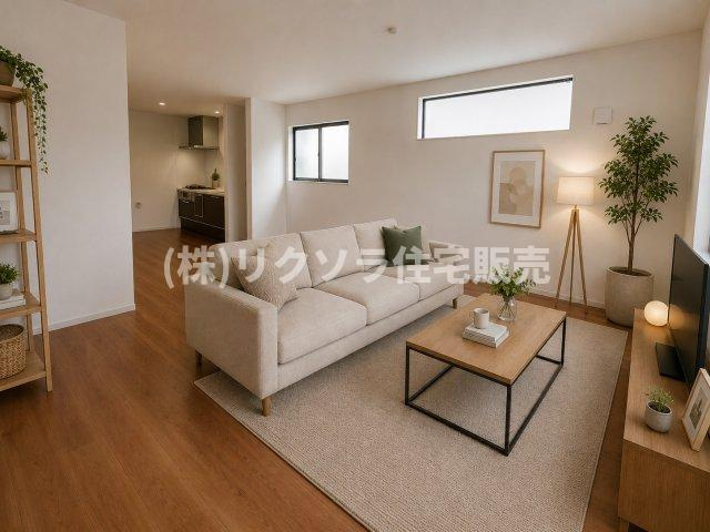 国松町　新築一戸建ての居間・リビング|LDK17.5帖　※この画像はAIによるバーチャルステージング画像です。
実際の物件には家具・インテリアは含まれません。
■物件内覧・資金計画相談・住宅ローン相談、リフォーム相談、お問合せ受付中■