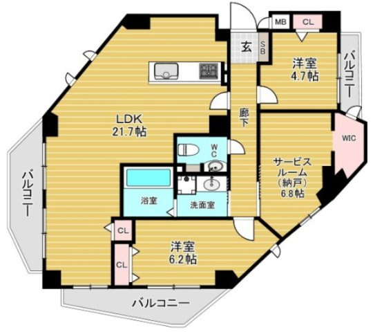 グランフレージュ四天王寺の間取り|◆2LDK+S、価格5390万円、専有面積82.79㎡、バルコニー面積11.87㎡
