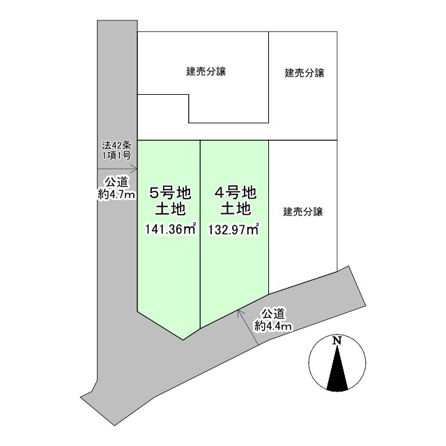 枚方市香里ケ丘１２丁目 5号地 売土地の区画図|4号地：132.97㎡、5号地：141.36㎡