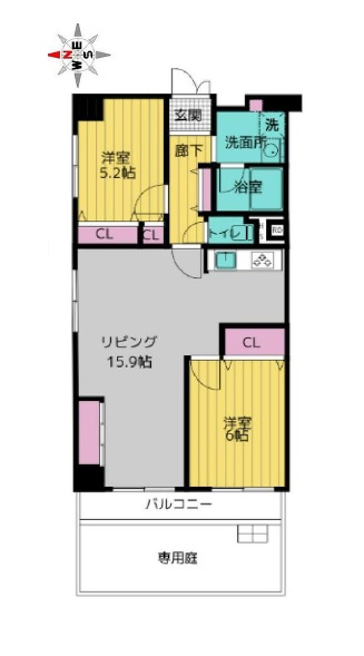 シャルム四条大宮の間取り|2LDK、価格2800万円、専有面積66㎡、バルコニー面積7.2㎡