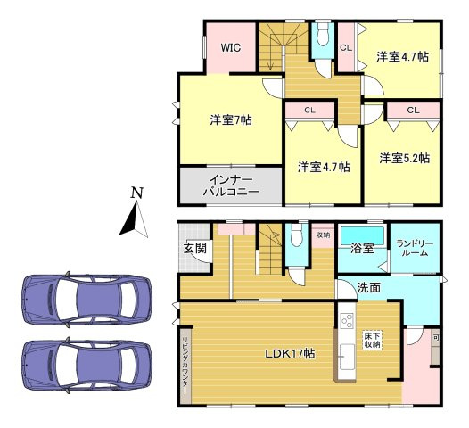 香芝市磯壁6丁目２期の間取り|4LDK　土地面積：177.01㎡　建物面積：112.62㎡　駐車スペース2台