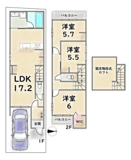 【土地図＋建物プラン例】 | 中京区壬生西大竹町　建築条件付 | 《参考プラン》建物価格：1899万円　延床面積：83.66平米（1F:44.57平米　2F:39.09平米）
