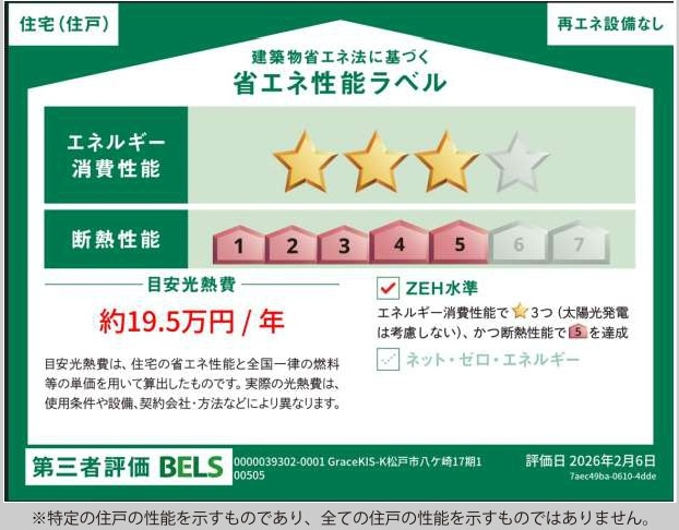 松戸市八ヶ崎３丁目新築戸建【八ヶ崎第二小学校:9分】の省エネ性能ラベル|省エネ性能ラベル・ZEH水準