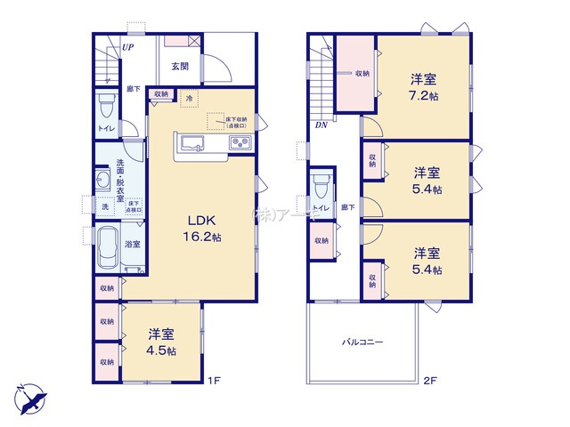 碧南市天神町1丁目15番　『仲介手数料無料』新築一戸建て・建売の間取り|　1号棟　1F:LDK16.2帖に隣接する洋室4.5帖はお子様の遊び場・奥様の家事室に便利！ゆとりの洗面室♪2F:主寝室7.2帖・洋室5.4帖・洋室5.4帖　CL設置！南面バルコニー♪