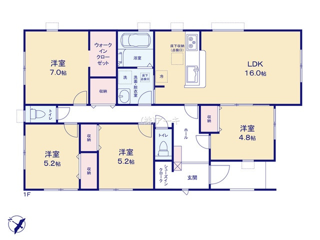 碧南市川端町一丁目18番１『仲介手数料無料』新築一戸建て・建売の間取り|　1号棟　平屋建て　1F:LDK16帖に隣接する洋室4.8帖　CL設置はお子様の遊び場・奥様の家事室に便利！主寝室7帖　WIC設置！洋室5.2帖・洋室5.2帖　CL設置♪廊下収納♪シューインクローク！