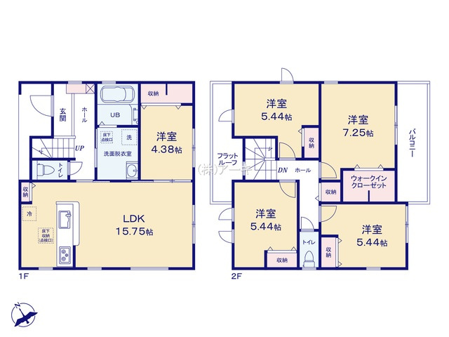 半田市瑞穂町5丁目4番6『仲介手数料無料』新築一戸建て・建売の間取り|　1号棟　1F:LDK15.75帖に隣接する洋室4.38帖　CL設置！キッチン収納♪2F:主寝室7.25帖　WIC設置！洋室5.44帖・洋室5.44帖・洋室5.44帖　CL設置♪ホール収納♪バルコニー