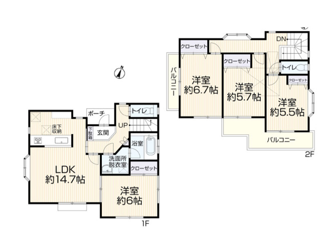 【間取り】 | 富士見市渡戸3丁目　中古一戸建住宅　(ふじみ野店) | 2面バルコニーと出窓採用で陽当たり良く開放的な居住空間が魅力的。全居室収納完備しお部屋を広くお使いいただけます。※図面を基に作成しています。現況と異なる場合は現況を優先いたします。