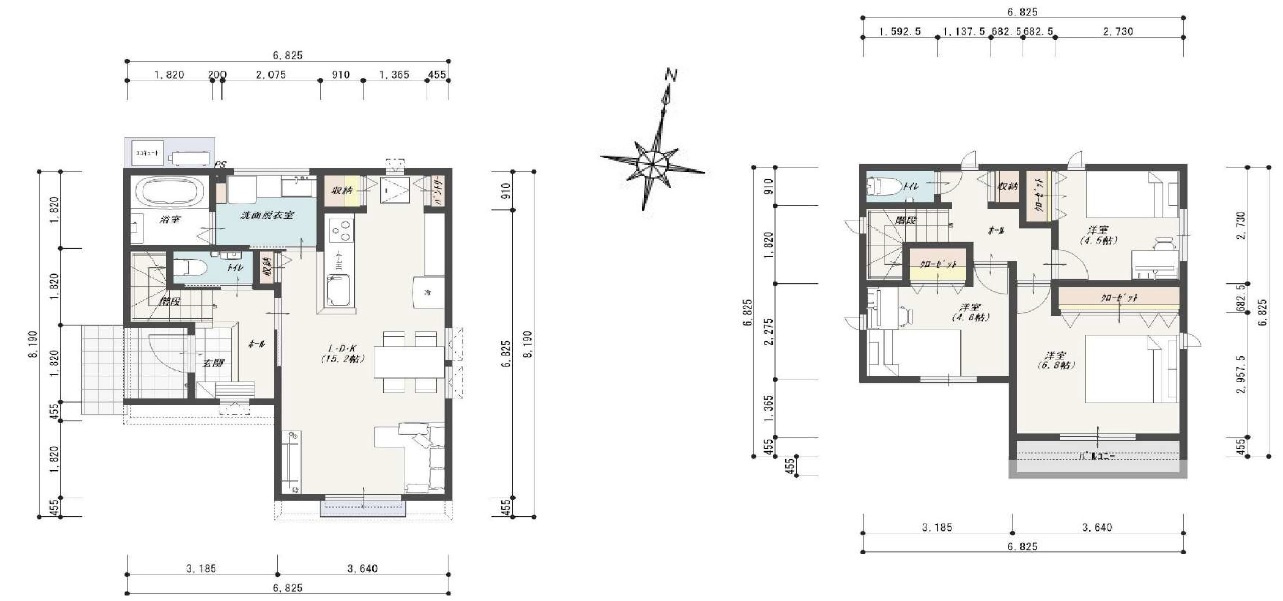 介良　中野団地　新築戸建の間取り|3LDK＋パントリー　１階　43.06㎡　２階　39.12㎡
建物面積　82.19㎡　（約24.8坪）