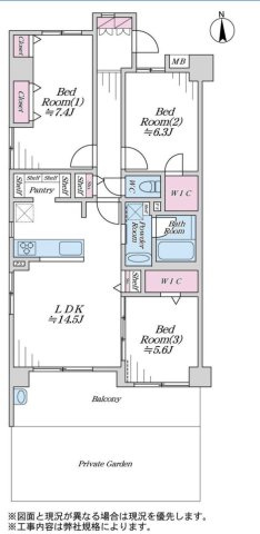 ルネサンス東川口プレリアの間取り|3LDK 専有面積78.94m2 バルコニー面積11.3m2
専用庭付きのゆとりあるレイアウトです。