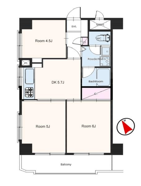 ライオンズマンション大倉山第７の間取り|各部屋がバランスよく配置されており使いやすい間取りです。ダイニングキッチンを中心に生活動線が確保されています。バルコニーに面した2部屋があり開放感があります。収納スペースも設けられています。