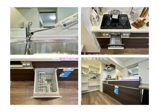 リード日暮里のキッチン|【システムキッチン】ワイドで収納豊富な使い勝手の良いカウンターキッチンには、食洗器・伸縮タイプのキッチン水栓、三ツ口コンロ・魚焼きグリルなどの便利な設備が標準完備されています。