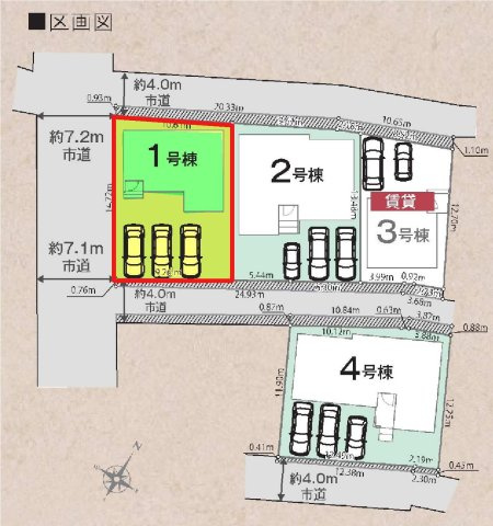 新築　高崎市下小鳥町1期　LiGNAGE　1号棟の区画図|1号棟　区画図　西側接道幅員約7ｍ　北側接道幅員約ｍ
