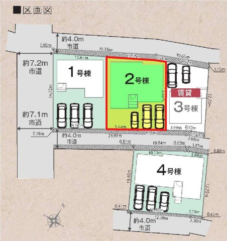 新築　高崎市下小鳥町1期　LiGNAGE　2号棟の区画図|2号棟　区画図　西側接道幅員約7ｍ　北側接道幅員約ｍ
