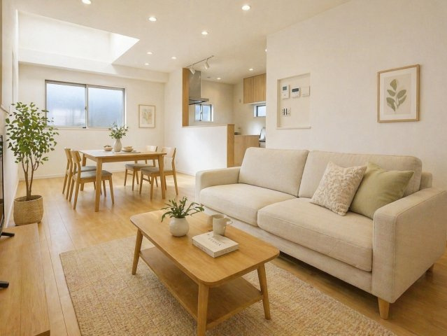 桂上野西町　新築参考Bプラン|【施工例】
道路から少し高さのある位置にお部屋があるため、通行人の視線を気にせずゆったりとおくつろぎいただけます。（※家具はCGによるイメージです）