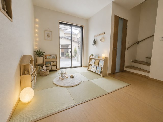 桂上野西町　新築参考Bプラン|【施工例】
小さい子のプレイスペースにいかがでしょうか？おもちゃを広げても畳の上なら床が傷つく心配も軽減され、思い切り遊べちゃいます！（※家具はCGによるイメージです）
