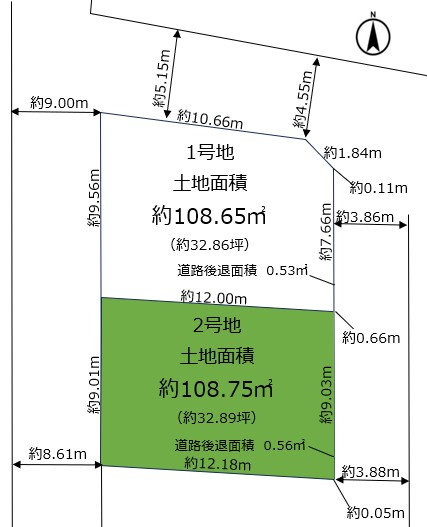 深江南町1丁目 1号地 売土地の土地図|2号地：土地面積約108.75㎡、3,980万円