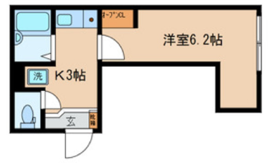グランコート矢口渡の間取り|洋室6.2帖の1Kバストイレ別