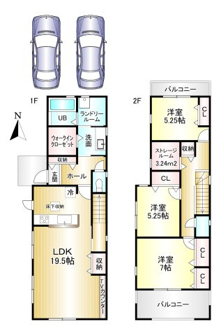 葛城市新庄5期　全1棟の間取り|3SLDK+WIC　土地面積：188.65ｍ2　建物面積：111.78ｍ2　駐車2台可