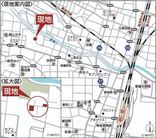 新築戸建・新築建売　郡山市桜木第2　赤木小・第五中の地図