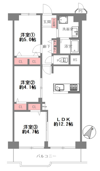 【間取り】 | イトーピア鶴見 | 【全洋室3LDK＋南東向きバルコニー☆】室内水廻り設備一新！全面リフォーム済み☆安心の新調設備保証付き☆エアコン2台付き☆（洋室1・2）食洗機＆浄水器・浴室乾燥機完備☆レースカーテン付きです☆