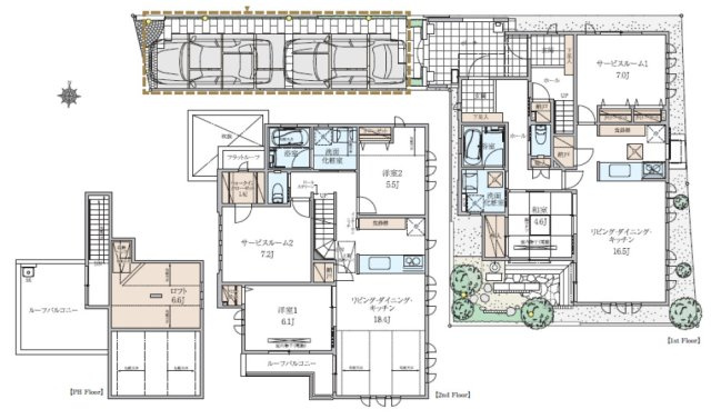 練馬区春日町6丁目　2020年築　完全分離型２世帯コンセプト邸宅の間取り|1LDK+S・2LDK+S+WIC+ロフト+屋上ルーフバルコニー・カースペース2台分　敷地面積 154.86ｍ2　建物面積 154.63ｍ2