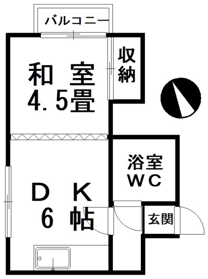 【間取り】 | 富士マンション暁　401号室 | バルコニー付きコンパクトな1DK。お一人なら充分な広さです。