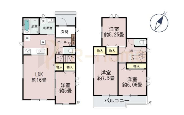常陸大宮市宇留野　新築戸建て　B号棟の間取り|4LDK＋全居室収納、土地面積318.87m2、建物面積95.85m2