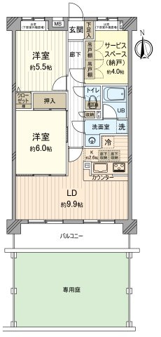 セザール第二西所沢の間取り|専用庭付き1階部分、4.0帖の納戸にある2SLDKの間取りです。