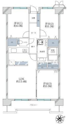 山田西C団地A-1の間取り|3LDKの物件です