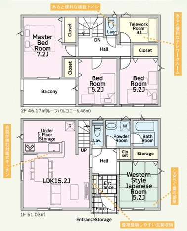 【間取り】 | 高崎市新町　新築住宅 | 会話が弾む対面式キッチンを備えた15.2帖のLDKや、あると便利なテレワークルーム。和洋室や整理整頓しやすい玄関収納もあり、暮らしを豊かにします。