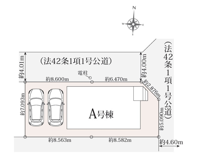 【区画図】 | 富士見市水谷東2丁目　新築一戸建住宅　限定1号棟（ふじみ野店） | 2道路に面した整形地＆角地。カースペース2台分。幼稚園・小中学校、コンビニ、スーパー徒歩10分圏内の充実した住環境。※車種により異なります。